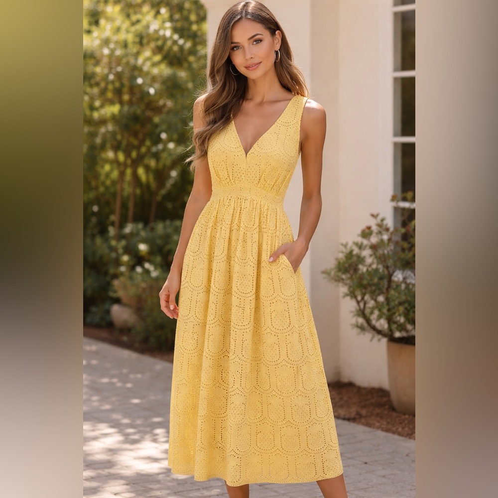 ADELYN RAE Elegant Yellow Lace Midi Dress
